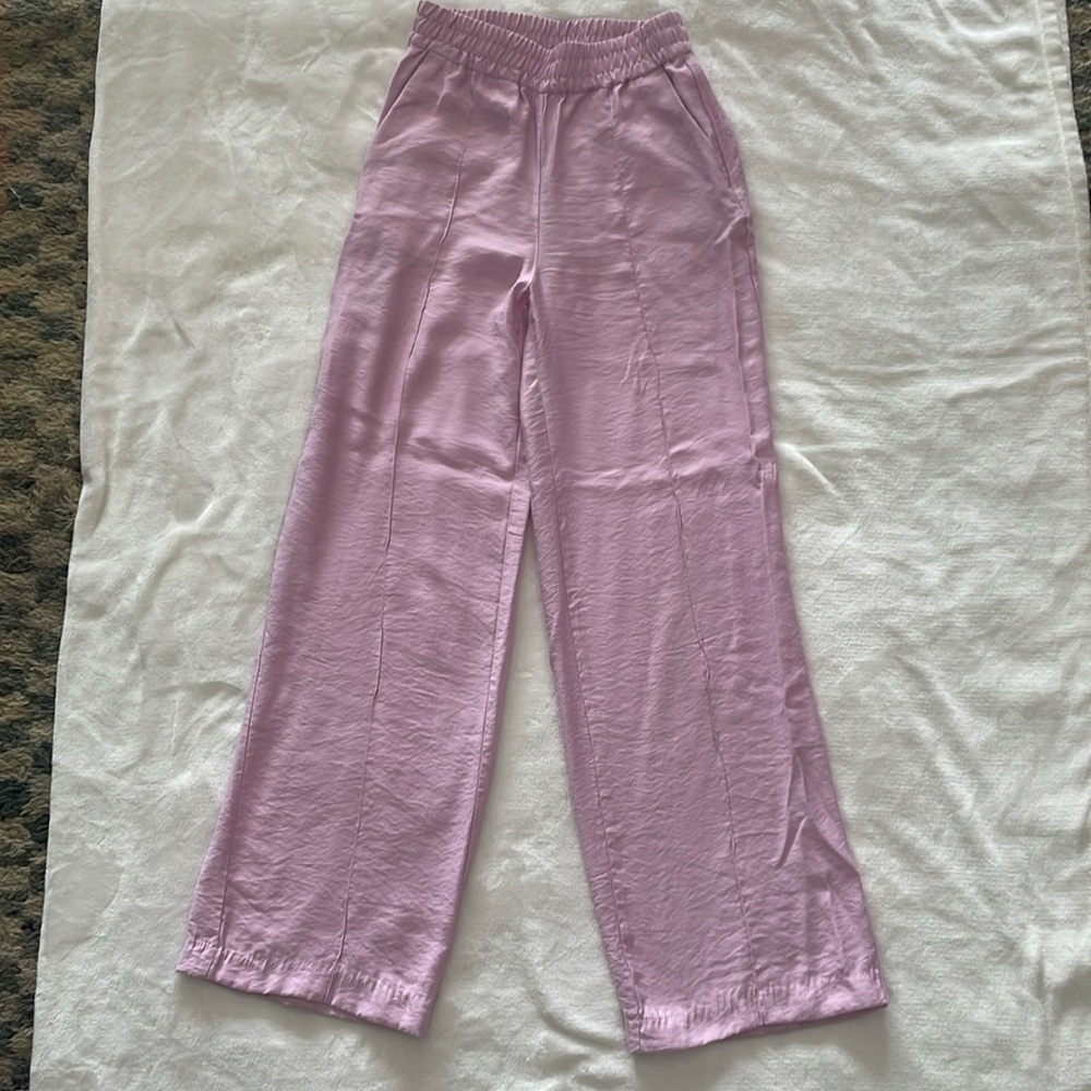 H&M XS Pink Viscose high waisted elastic pull on wide leg trousers pants pockets